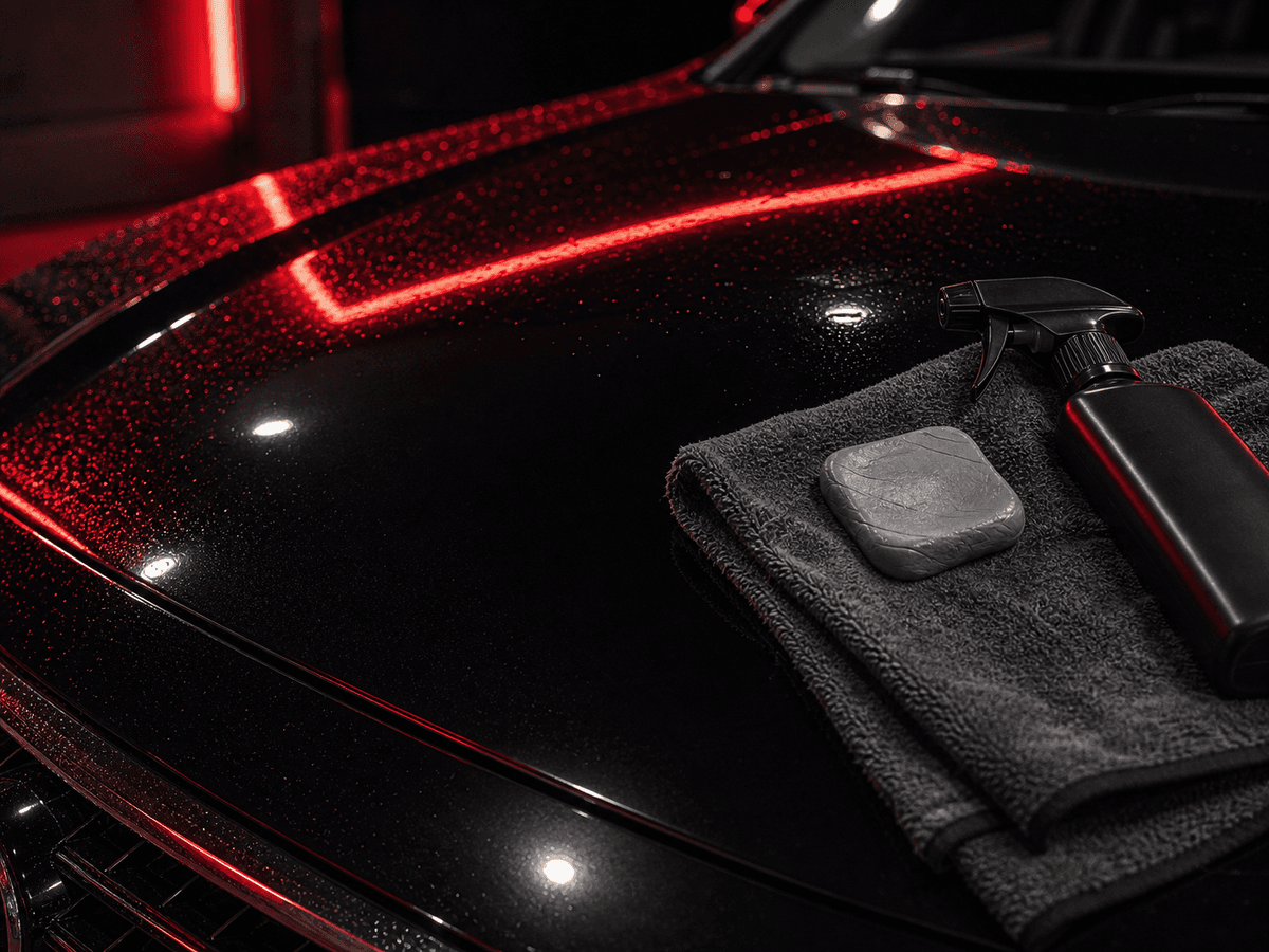 Clay bar and microfiber towel on glossy dark paint after decontamination