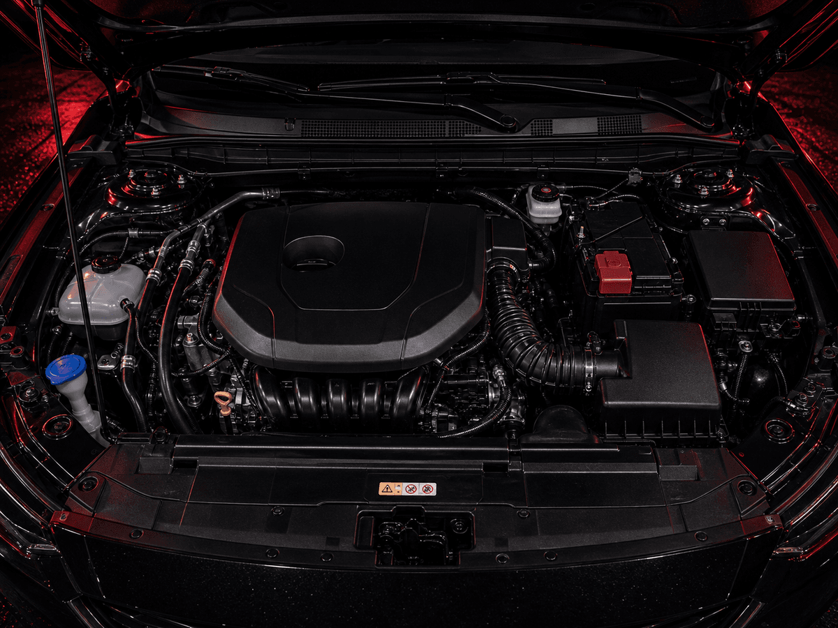 Freshly cleaned engine bay under an open hood with red rim lighting